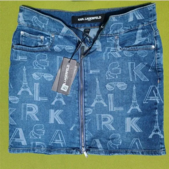 Karl Lagerfeld Paris Womens Logo Printed Front Zipper Denim Mini Skirt 6 NWT