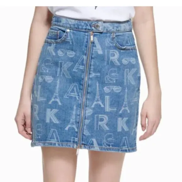 Karl Lagerfeld Paris Womens Logo Printed Front Zipper Denim Mini Skirt 6 NWT