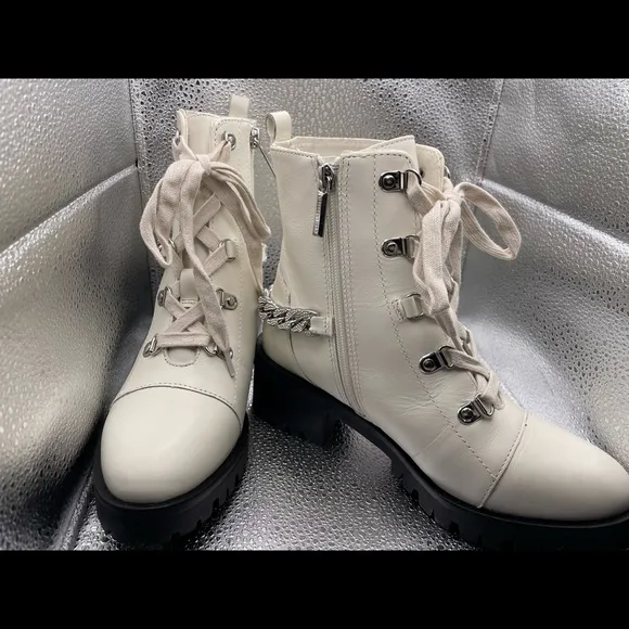 Karl Lagerfeld White Leather Combat Boots With Sparkle Accents. size 6.5