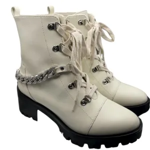 Karl Lagerfeld White Leather Combat Boots With Sparkle Accents. size 6.5