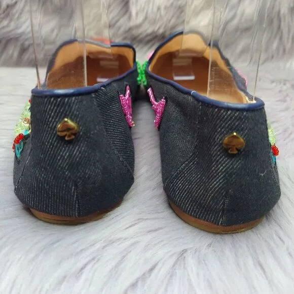 Kate Spade Blue Denim Embroidered Saville Loafers Flats Size 7.5 Cactus Chili