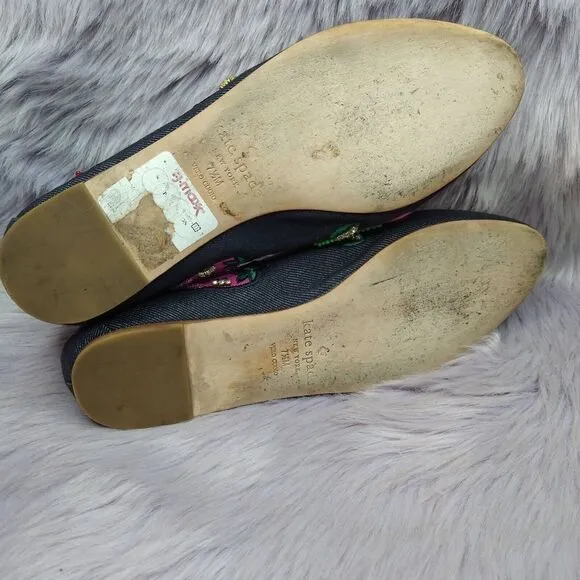 Kate Spade Blue Denim Embroidered Saville Loafers Flats Size 7.5 Cactus Chili