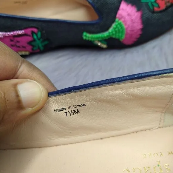 Kate Spade Blue Denim Embroidered Saville Loafers Flats Size 7.5 Cactus Chili