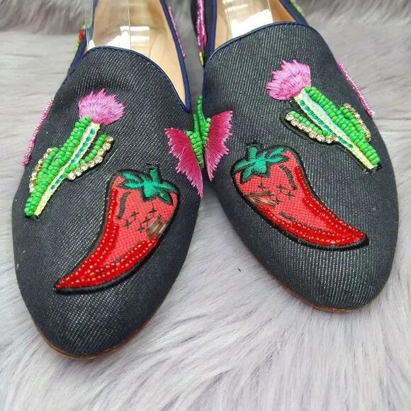 Kate Spade Blue Denim Embroidered Saville Loafers Flats Size 7.5 Cactus Chili
