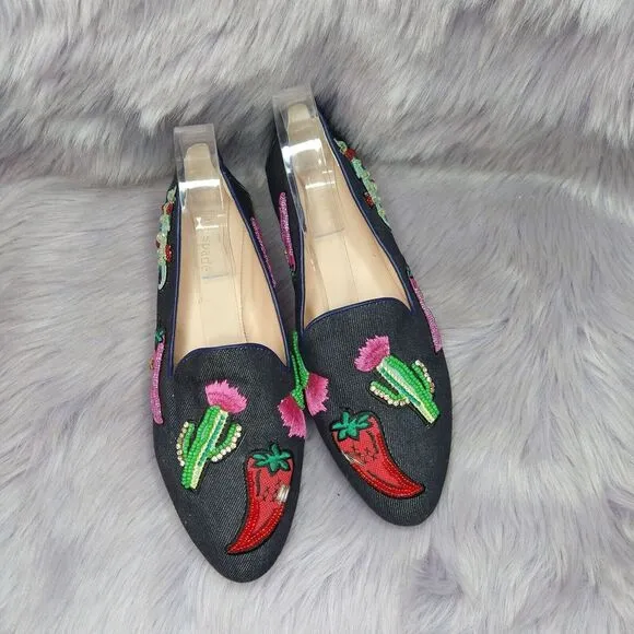 Kate Spade Blue Denim Embroidered Saville Loafers Flats Size 7.5 Cactus Chili