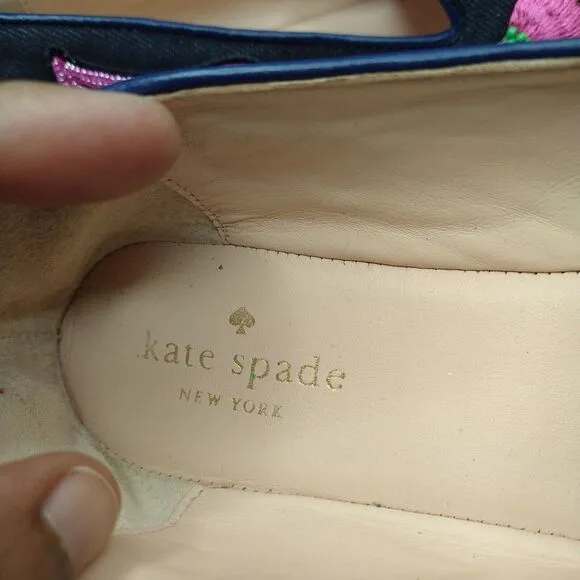 Kate Spade Blue Denim Embroidered Saville Loafers Flats Size 7.5 Cactus Chili