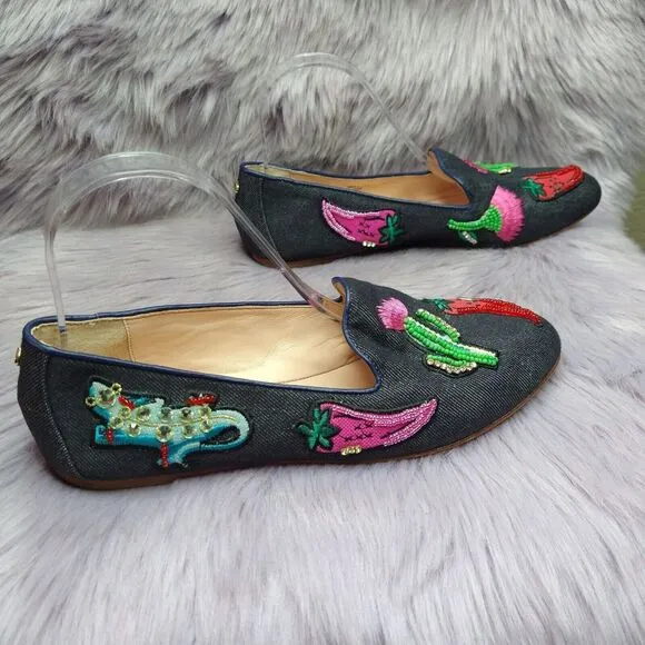 Kate Spade Blue Denim Embroidered Saville Loafers Flats Size 7.5 Cactus Chili