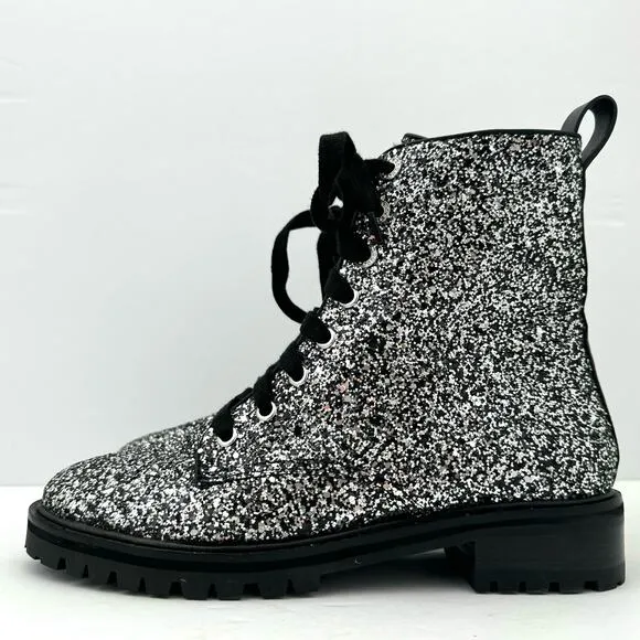 Kate Spade Jemma Silver Glitter Leather Combat Boots Women's 6.5 NEW