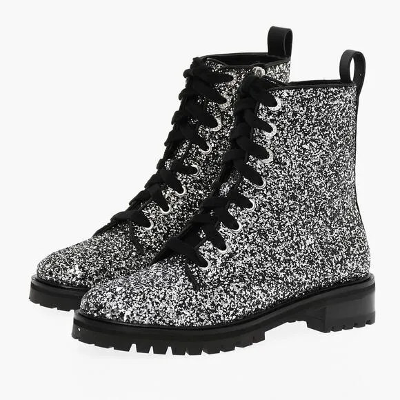 Kate Spade Jemma Silver Glitter Leather Combat Boots Women's 6.5 NEW