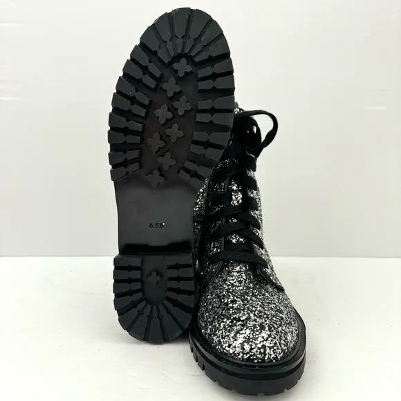 Kate Spade Jemma Silver Glitter Leather Combat Boots Women's 6.5 NEW