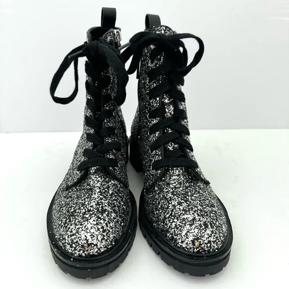 Kate Spade Jemma Silver Glitter Leather Combat Boots Women's 6.5 NEW