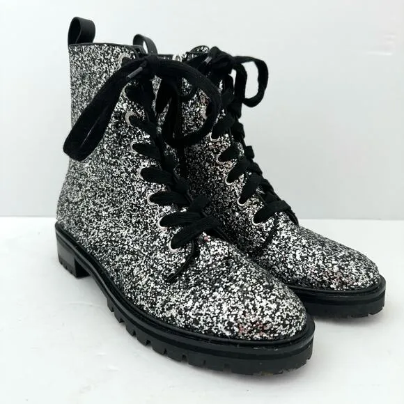 Kate Spade Jemma Silver Glitter Leather Combat Boots Women's 6.5 NEW