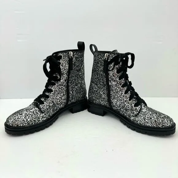 Kate Spade Jemma Silver Glitter Leather Combat Boots Women's 6.5 NEW