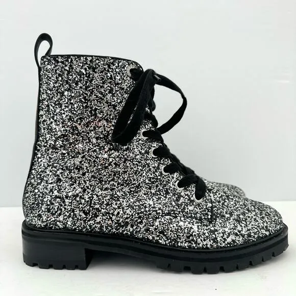 Kate Spade Jemma Silver Glitter Leather Combat Boots Women's 6.5 NEW