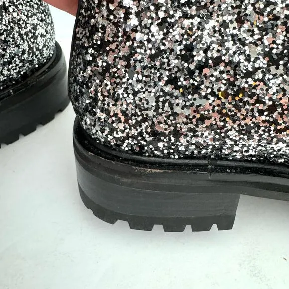 Kate Spade Jemma Silver Glitter Leather Combat Boots Women's 6.5 NEW