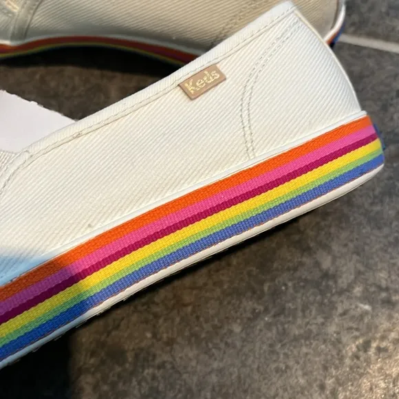 Kate Spade Keds, Double Decker Twill Slip On Flats, Rainbow Sole, 10