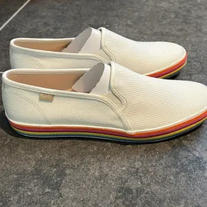 Kate Spade Keds, Double Decker Twill Slip On Flats, Rainbow Sole, 10