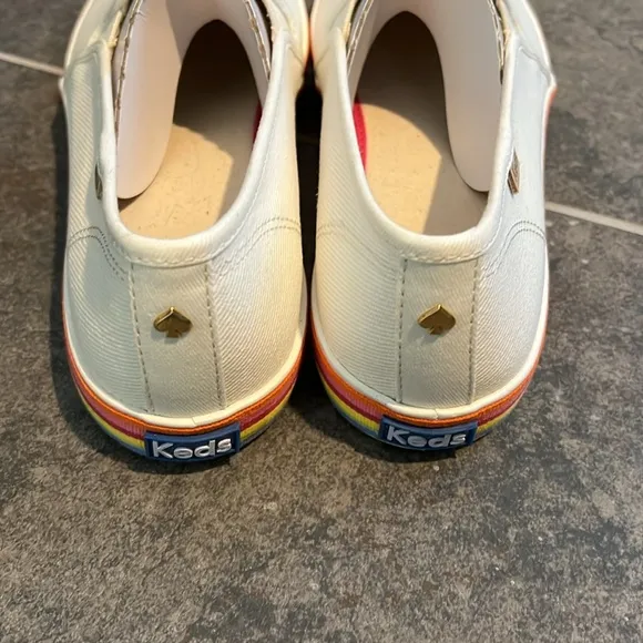 Kate Spade Keds, Double Decker Twill Slip On Flats, Rainbow Sole, 10