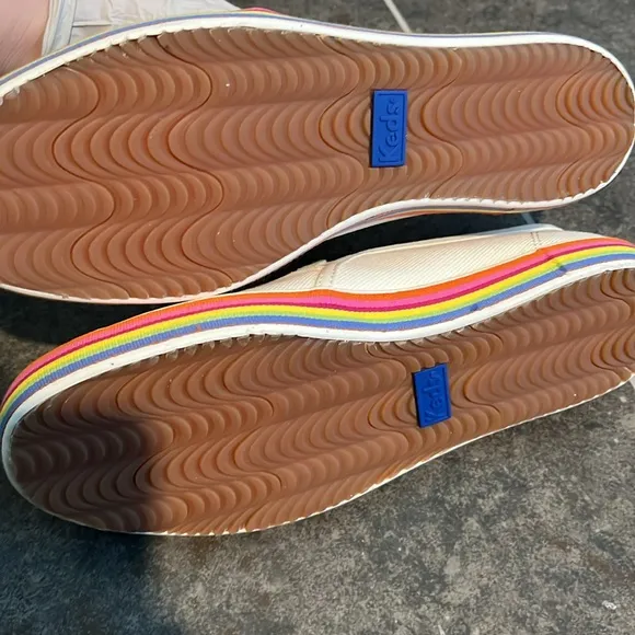 Kate Spade Keds, Double Decker Twill Slip On Flats, Rainbow Sole, 10