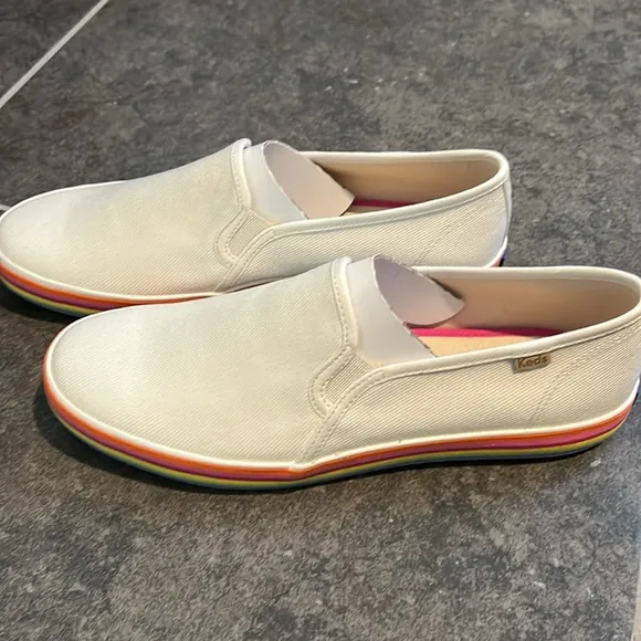 Kate Spade Keds, Double Decker Twill Slip On Flats, Rainbow Sole, 10