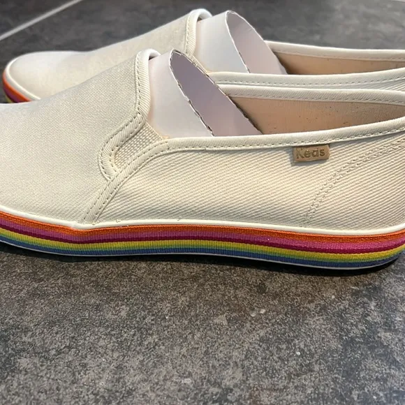 Kate Spade Keds, Double Decker Twill Slip On Flats, Rainbow Sole, 10