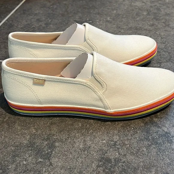 Kate Spade Keds, Double Decker Twill Slip On Flats, Rainbow Sole, 10