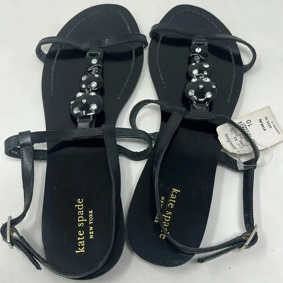 Kate Spade Leather Rhinestone Ankle Buckle T-Strap Sandals Embellishment 10 NWT