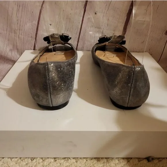 Kate Spade New York Silver Grey Metallic Leather Peep Toe Jewel Trim Flats 6M