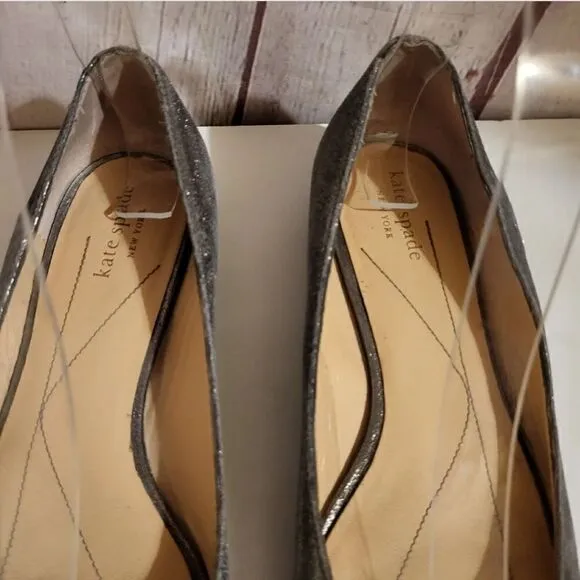 Kate Spade New York Silver Grey Metallic Leather Peep Toe Jewel Trim Flats 6M