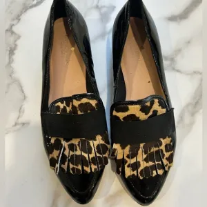 Kate Spade patent leather black leopard tassle loafer flats size 8