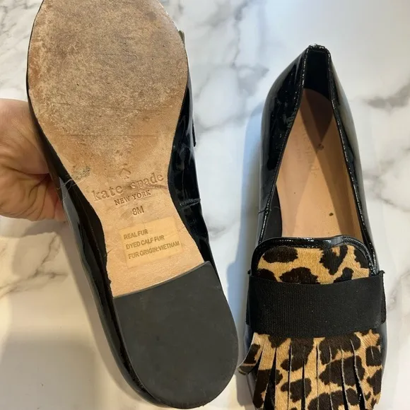 Kate Spade patent leather black leopard tassle loafer flats size 8