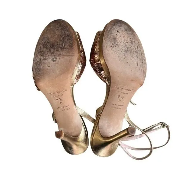 Kate Spade Frankie Size 8.5 Gold Sequins Metallic Leather Ankle Strap Sandals