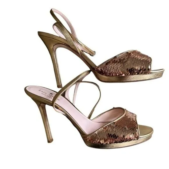 Kate Spade Frankie Size 8.5 Gold Sequins Metallic Leather Ankle Strap Sandals