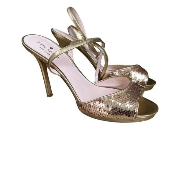 Kate Spade Frankie Size 8.5 Gold Sequins Metallic Leather Ankle Strap Sandals