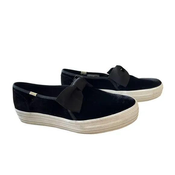 Keds x Kate Spade New York Black Velvet Bow Tie Triple Decker Slip On Sneaker 10