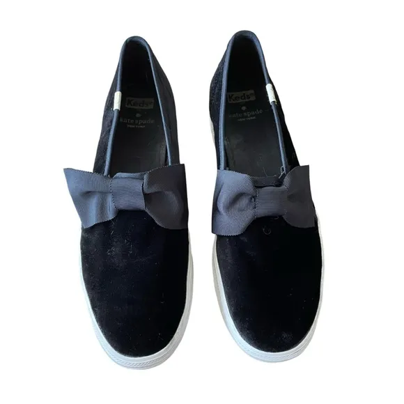 Keds x Kate Spade New York Black Velvet Bow Tie Triple Decker Slip On Sneaker 10