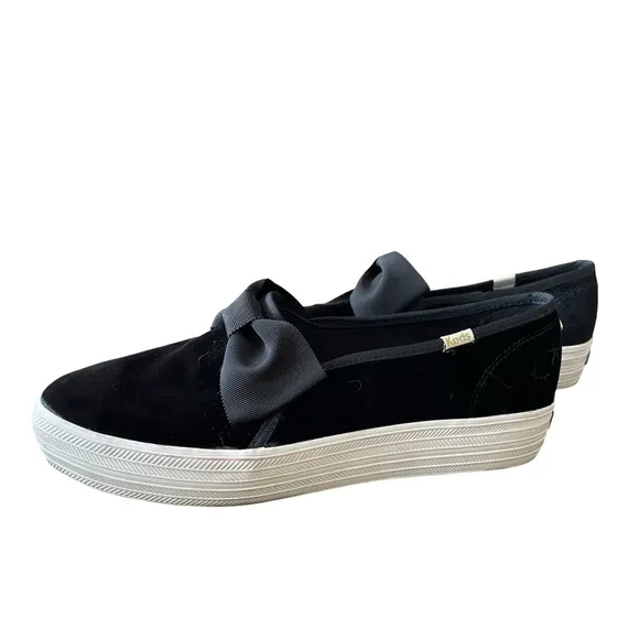 Keds x Kate Spade New York Black Velvet Bow Tie Triple Decker Slip On Sneaker 10