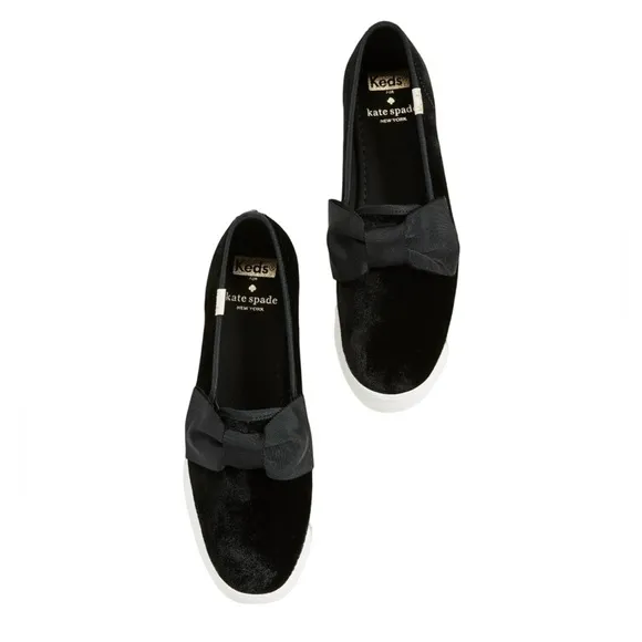 Keds x Kate Spade New York Black Velvet Bow Tie Triple Decker Slip On Sneaker 10