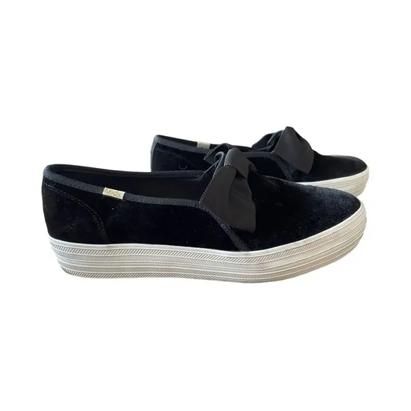 Keds x Kate Spade New York Black Velvet Bow Tie Triple Decker Slip On Sneaker 10