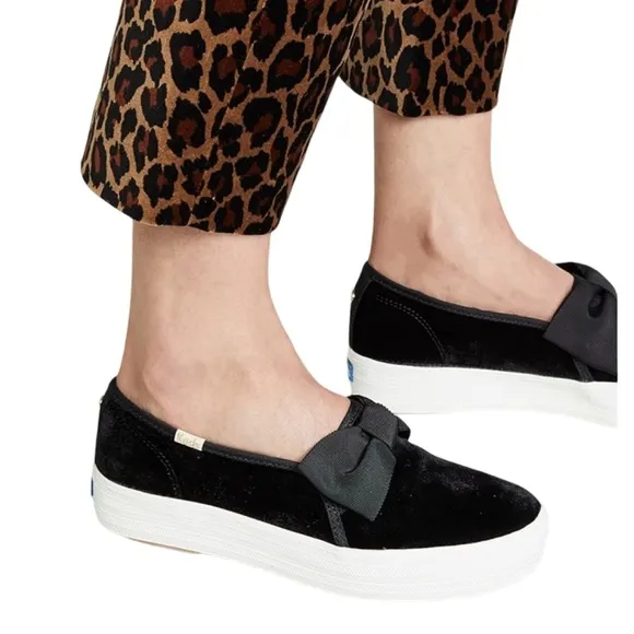 Keds x Kate Spade New York Black Velvet Bow Tie Triple Decker Slip On Sneaker 10