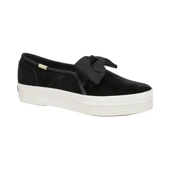 Keds x Kate Spade New York Black Velvet Bow Tie Triple Decker Slip On Sneaker 10