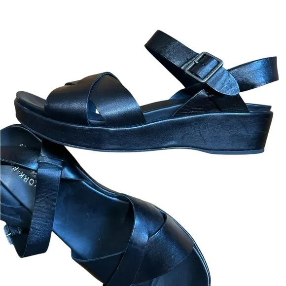 Kork Ease Myrna 2.0 Black Leather Ankle Strap Wedge Sandals