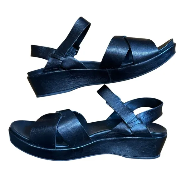 Kork Ease Myrna 2.0 Black Leather Ankle Strap Wedge Sandals