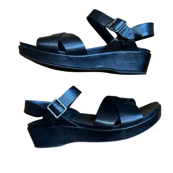 Kork Ease Myrna 2.0 Black Leather Ankle Strap Wedge Sandals