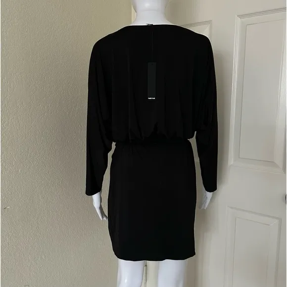 KRISA- Revolve black soft long sleeve deep plunge drape skirt mini dress XS