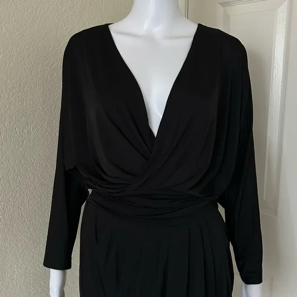KRISA- Revolve black soft long sleeve deep plunge drape skirt mini dress XS