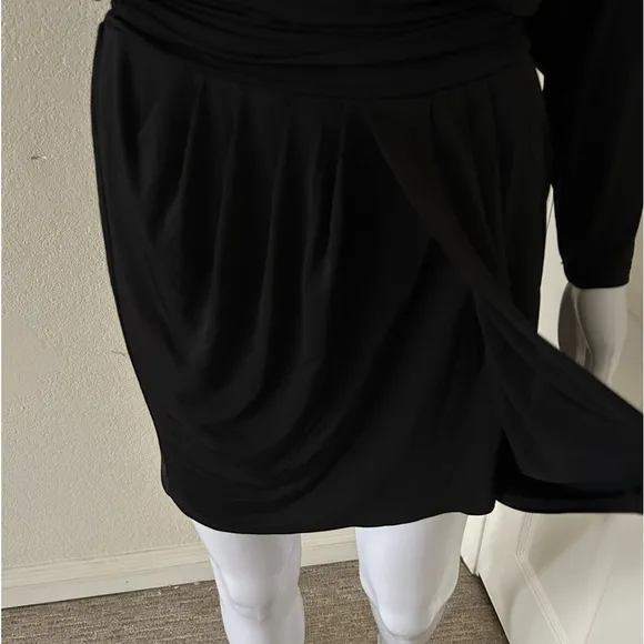 KRISA- Revolve black soft long sleeve deep plunge drape skirt mini dress XS
