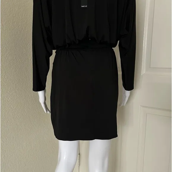 KRISA- Revolve black soft long sleeve deep plunge drape skirt mini dress XS