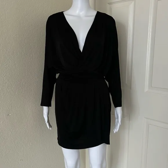 KRISA- Revolve black soft long sleeve deep plunge drape skirt mini dress XS