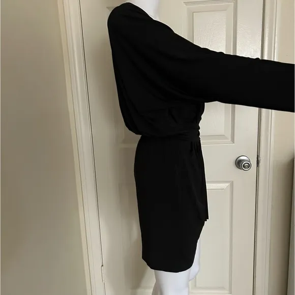 KRISA- Revolve black soft long sleeve deep plunge drape skirt mini dress XS